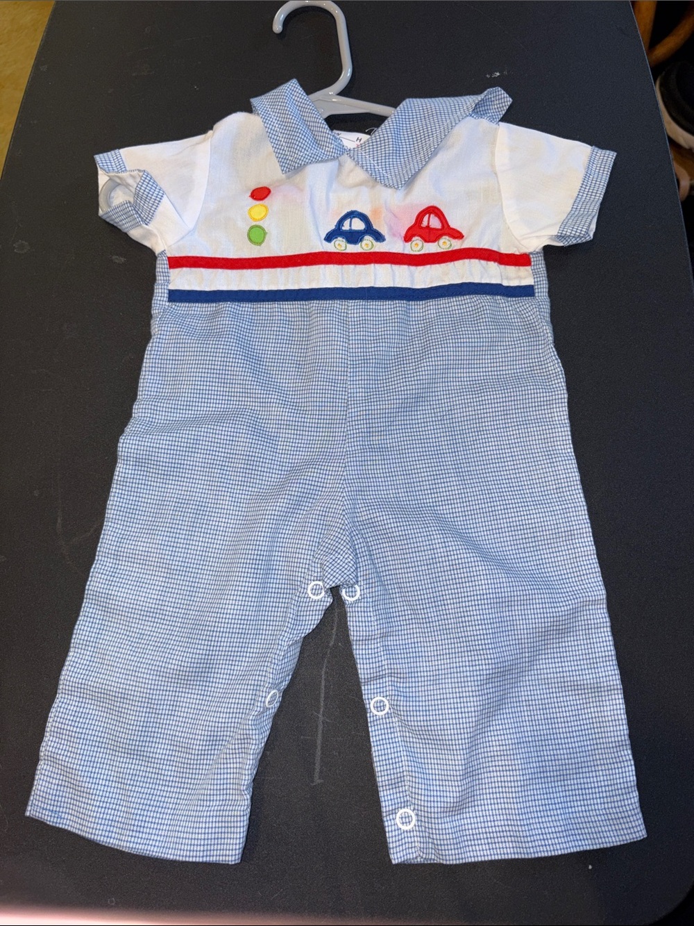 Vintage 60’s Blue & White Check Cars One-Piece Bodysuit. Box YY